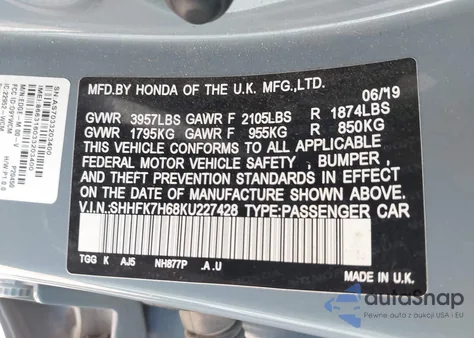 2019 Honda Civic Ex from USA, damaged, VIN SHHFK7H68KU227428